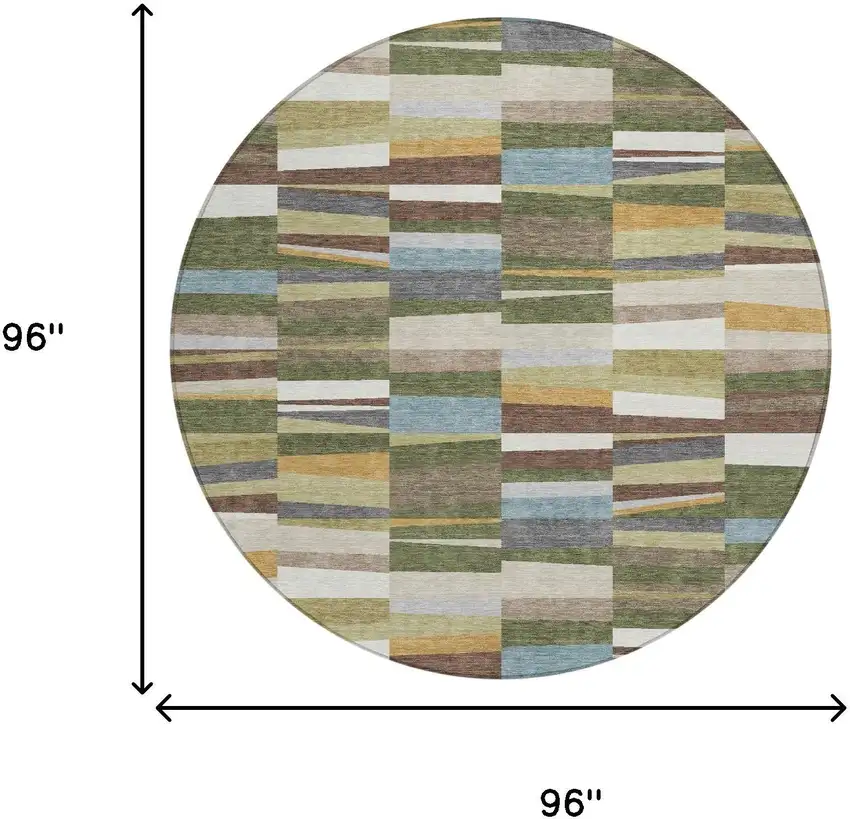 8' Olive Green And Green Round Striped Washable Indoor Outdoor Area Rug Photo 4