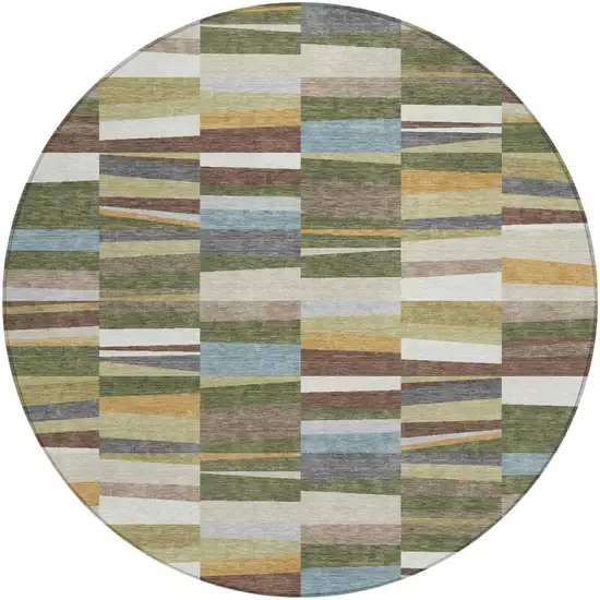 8' Olive Green And Green Round Striped Washable Indoor Outdoor Area Rug Photo 1