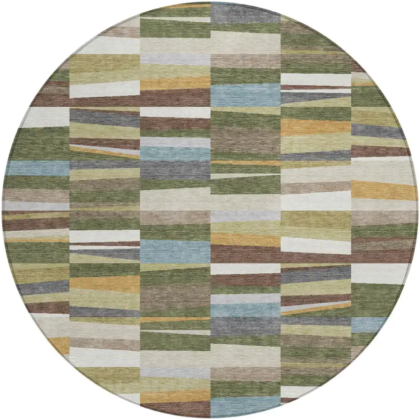 8' Olive Green And Green Round Striped Washable Indoor Outdoor Area Rug Photo 1