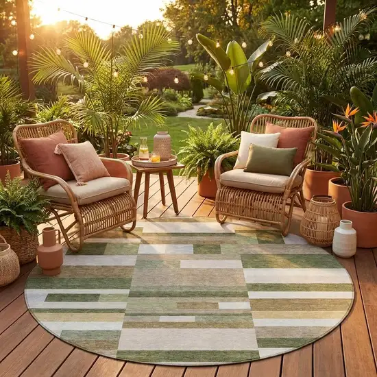 8' Olive Green And Green Round Striped Washable Indoor Outdoor Area Rug Photo 1