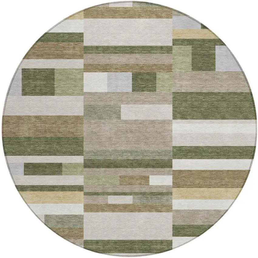 8' Olive Green And Green Round Striped Washable Indoor Outdoor Area Rug Photo 2