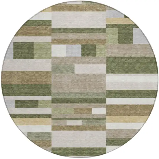 8' Olive Green And Green Round Striped Washable Indoor Outdoor Area Rug Photo 2