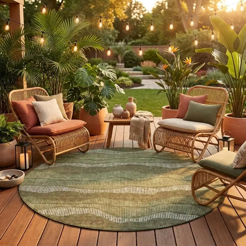 8' Olive Green And Green Round Striped Washable Indoor Outdoor Area Rug Photo 1