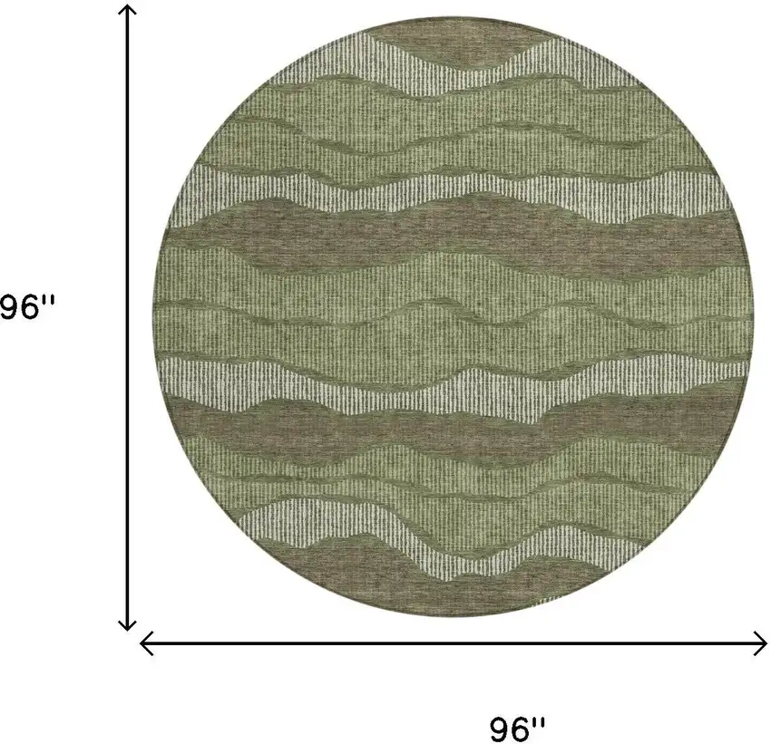 8' Olive Green And Green Round Striped Washable Indoor Outdoor Area Rug Photo 5