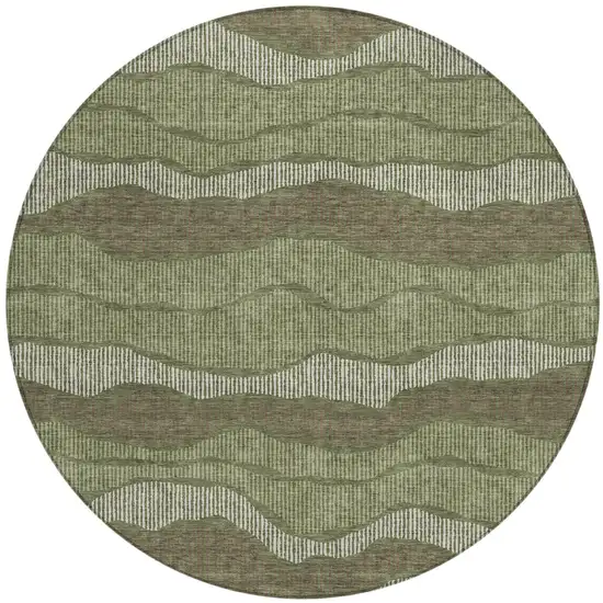 8' Olive Green And Green Round Striped Washable Indoor Outdoor Area Rug Photo 2