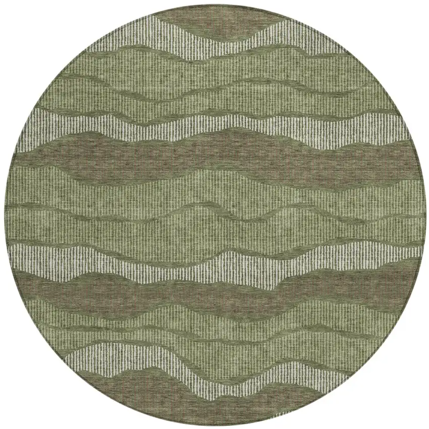 8' Olive Green And Green Round Striped Washable Indoor Outdoor Area Rug Photo 2