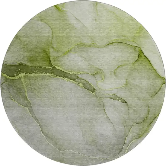 8' Olive Green And Ivory Abstract Washable Round Rug With UV Protection Photo 1