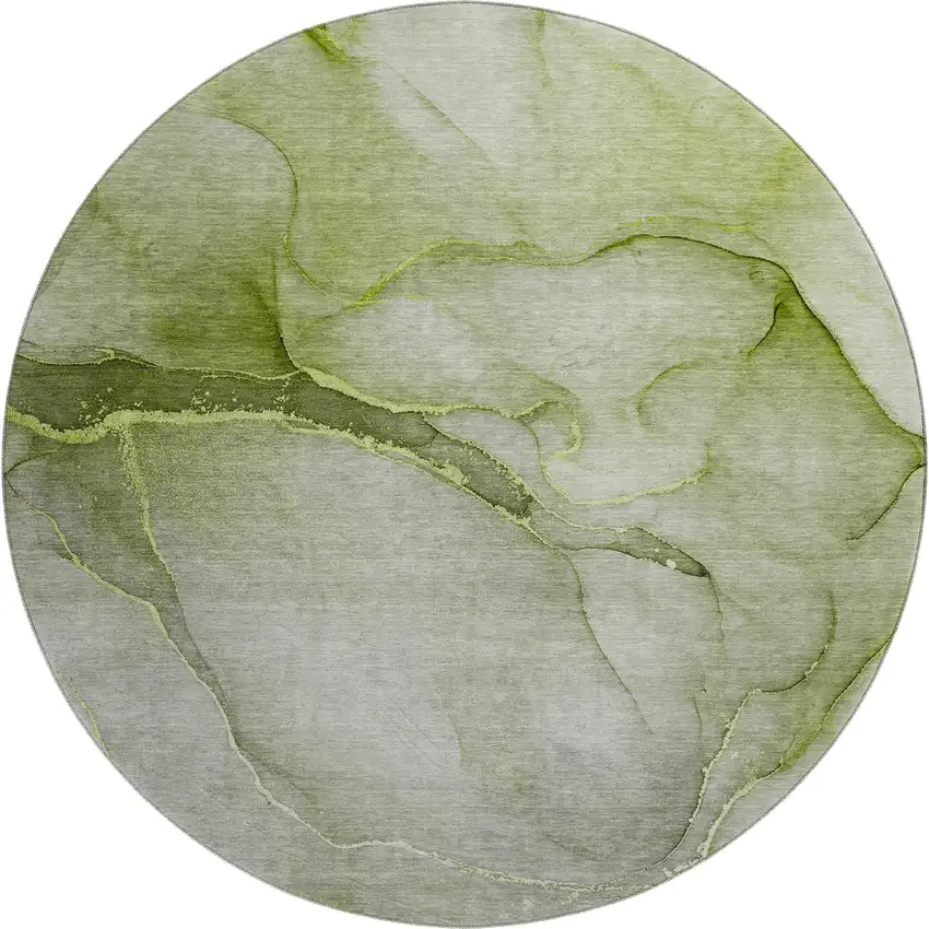 8' Olive Green And Ivory Abstract Washable Round Rug With UV Protection Photo 1