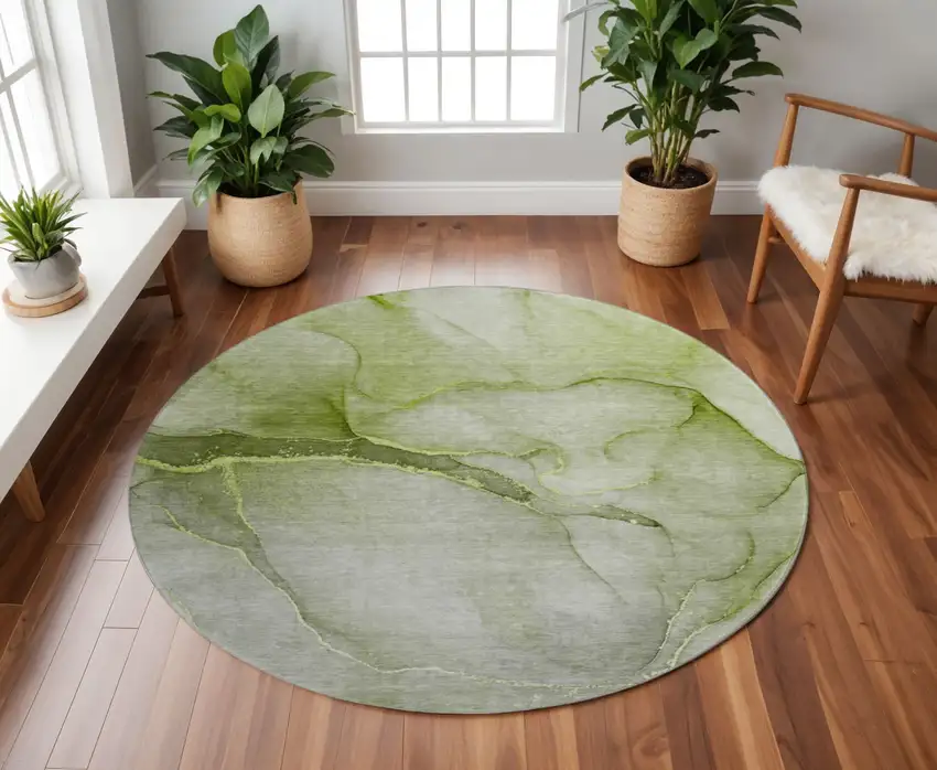 8' Olive Green And Ivory Abstract Washable Round Rug With UV Protection Photo 2