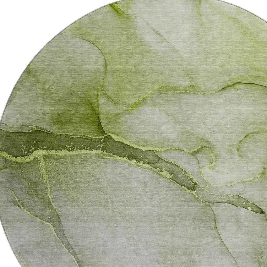 8' Olive Green And Ivory Abstract Washable Round Rug With UV Protection Photo 3