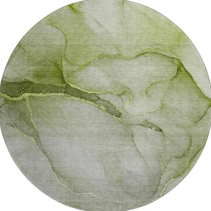 8' Olive Green And Ivory Abstract Washable Round Rug With UV Protection Photo 4