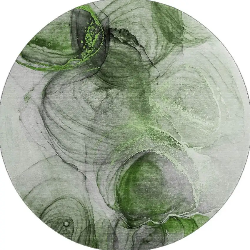 8' Olive Green And Ivory Abstract Washable Round Rug With UV Protection Photo 4
