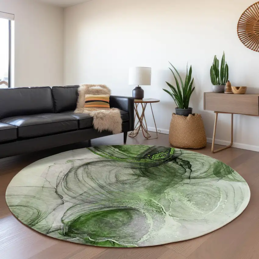 8' Olive Green And Ivory Abstract Washable Round Rug With UV Protection Photo 5