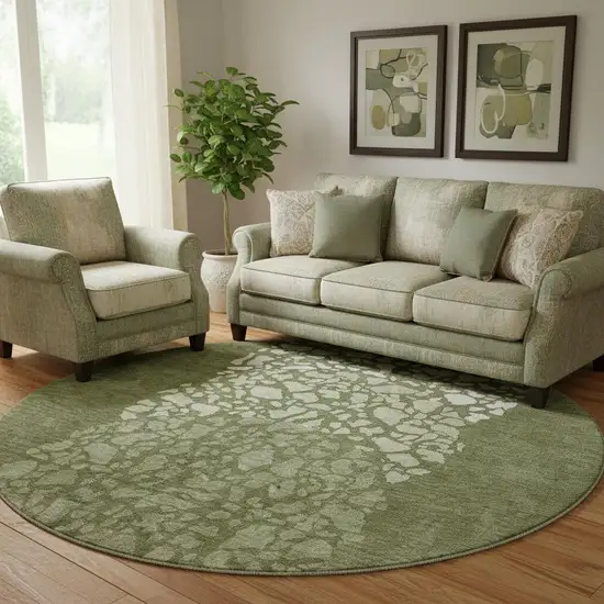 8' Olive Green And Ivory Abstract Washable Round Rug With UV Protection Photo 1