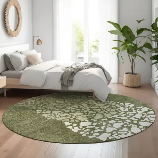 8' Olive Green And Ivory Abstract Washable Round Rug With UV Protection Photo 4