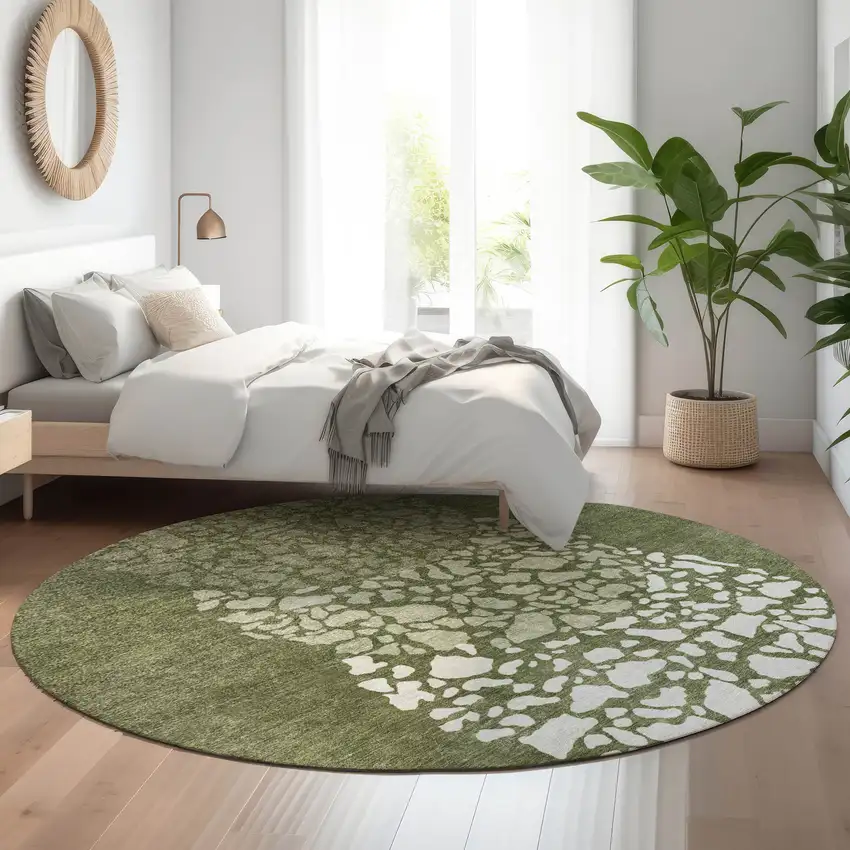 8' Olive Green And Ivory Abstract Washable Round Rug With UV Protection Photo 4