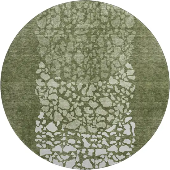 8' Olive Green And Ivory Abstract Washable Round Rug With UV Protection Photo 1