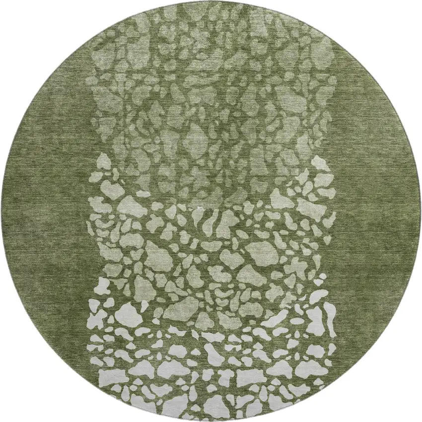 8' Olive Green And Ivory Abstract Washable Round Rug With UV Protection Photo 1