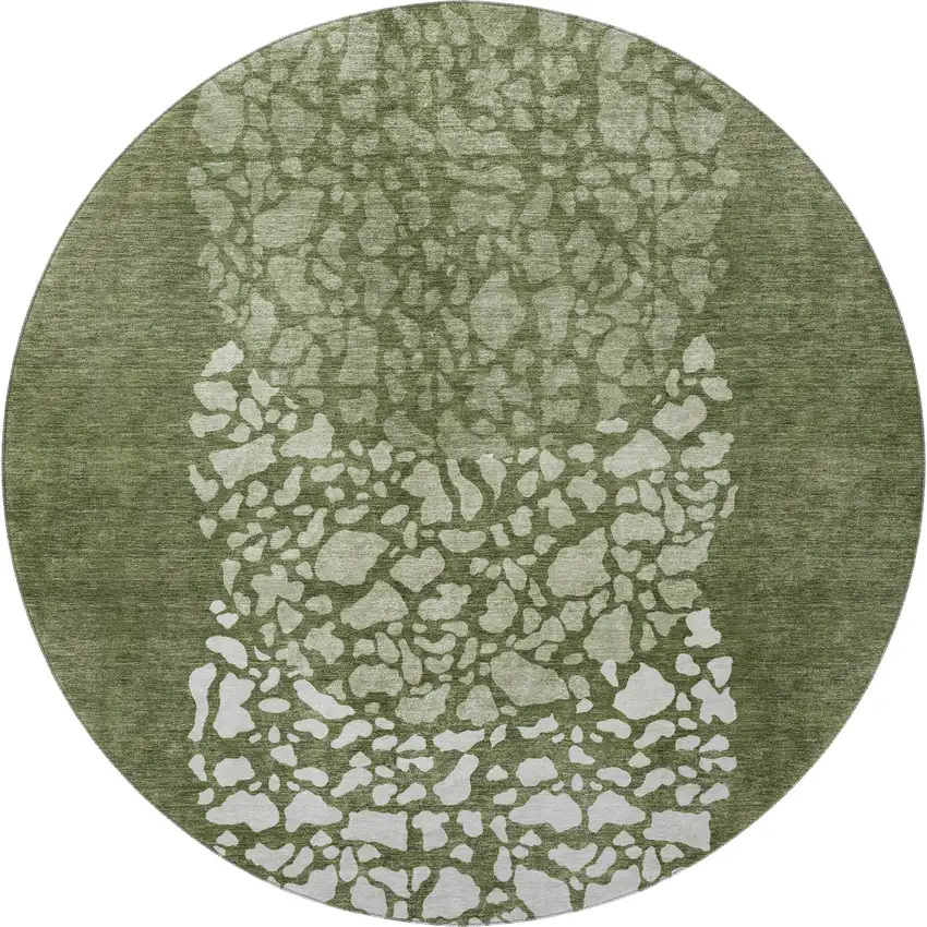 8' Olive Green And Ivory Abstract Washable Round Rug With UV Protection Photo 3