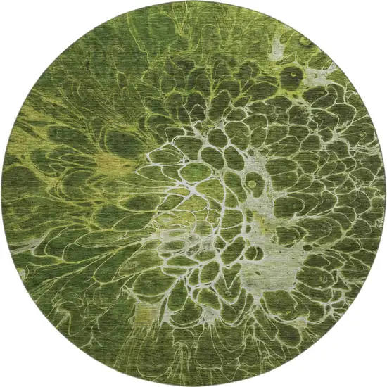 8' Olive Green And Ivory Abstract Washable Round Rug With UV Protection Photo 1