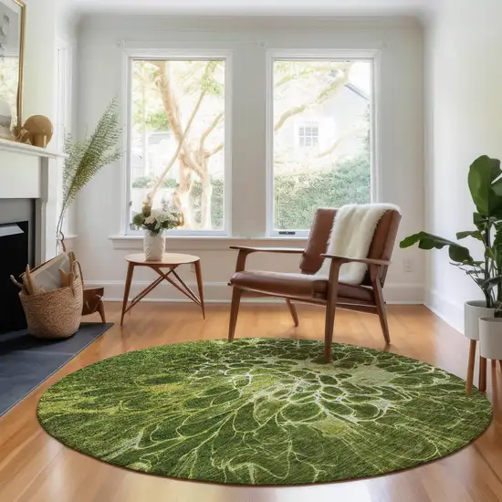 8' Olive Green And Ivory Abstract Washable Round Rug With UV Protection Photo 4