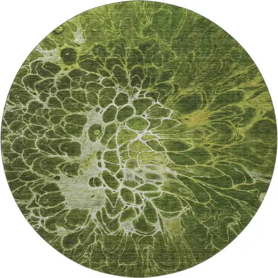 8' Olive Green And Ivory Abstract Washable Round Rug With UV Protection Photo 3