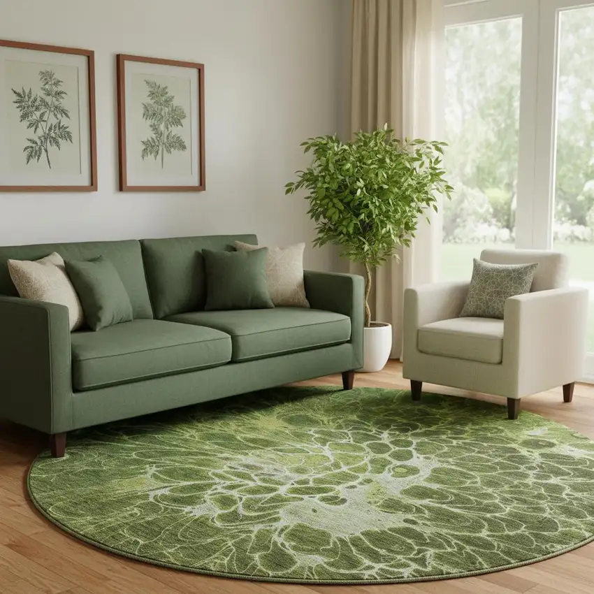 8' Olive Green And Ivory Abstract Washable Round Rug With UV Protection Photo 1