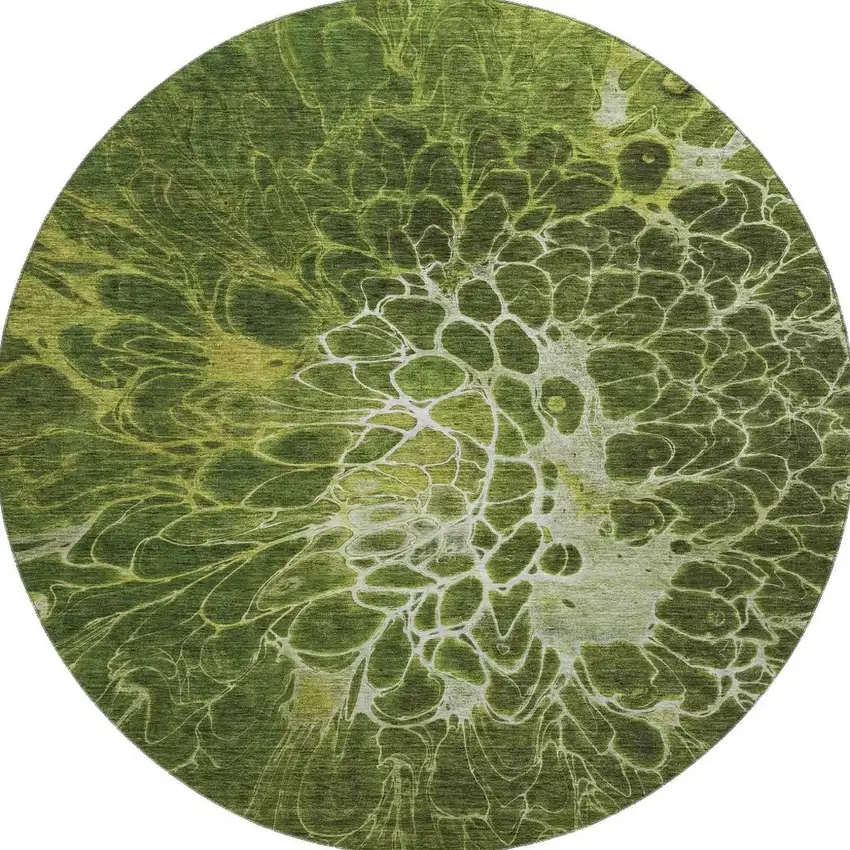 8' Olive Green And Ivory Abstract Washable Round Rug With UV Protection Photo 2
