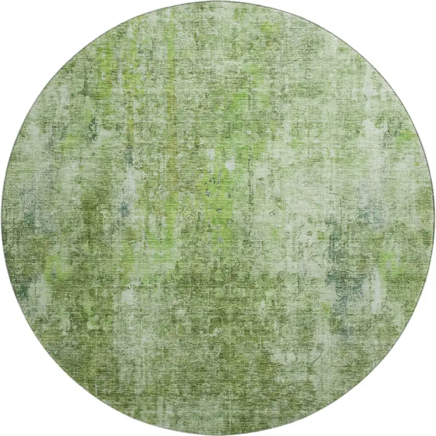 8' Olive Green And Ivory Abstract Washable Round Rug With UV Protection Photo 1