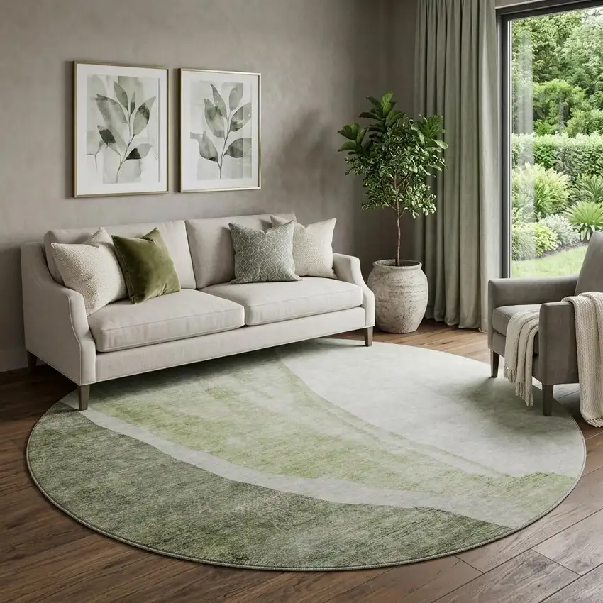 8' Olive Green And Ivory Abstract Washable Round Rug With UV Protection Photo 1