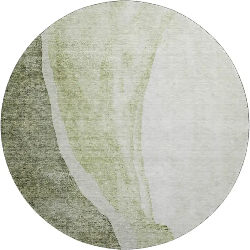 8' Olive Green And Ivory Abstract Washable Round Rug With UV Protection Photo 1