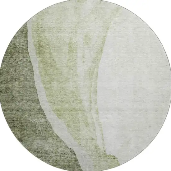 8' Olive Green And Ivory Abstract Washable Round Rug With UV Protection Photo 4