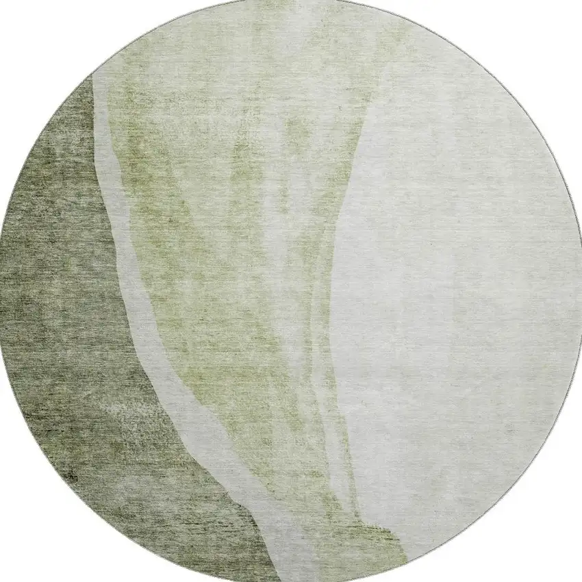 8' Olive Green And Ivory Abstract Washable Round Rug With UV Protection Photo 4
