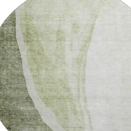 8' Olive Green And Ivory Abstract Washable Round Rug With UV Protection Photo 3