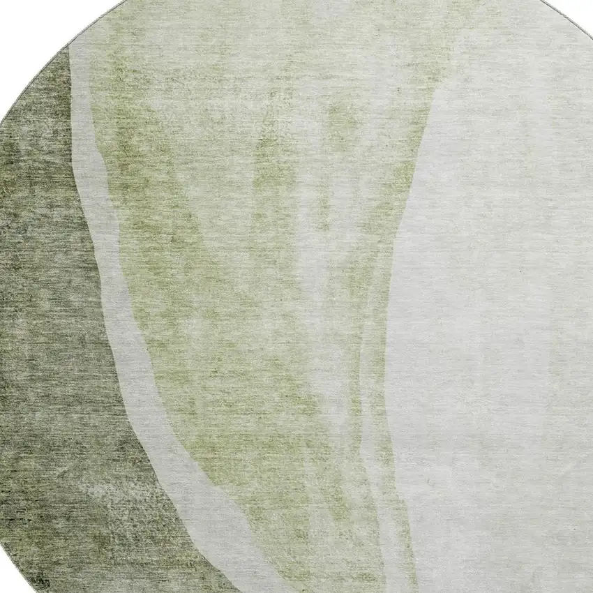 8' Olive Green And Ivory Abstract Washable Round Rug With UV Protection Photo 3