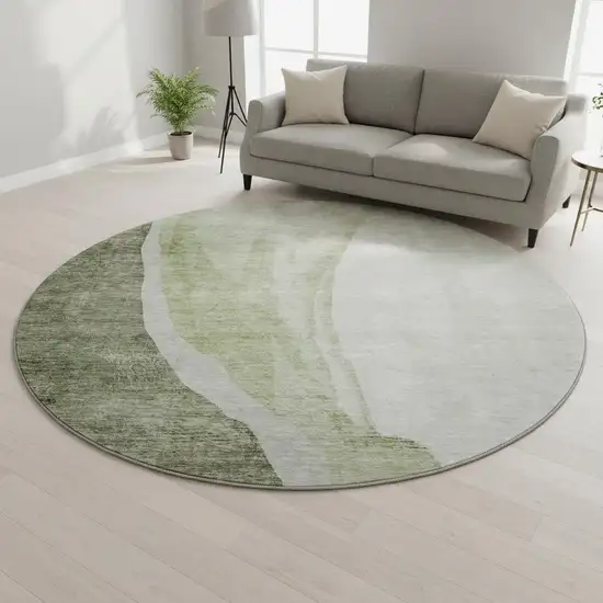 8' Olive Green And Ivory Abstract Washable Round Rug With UV Protection Photo 2