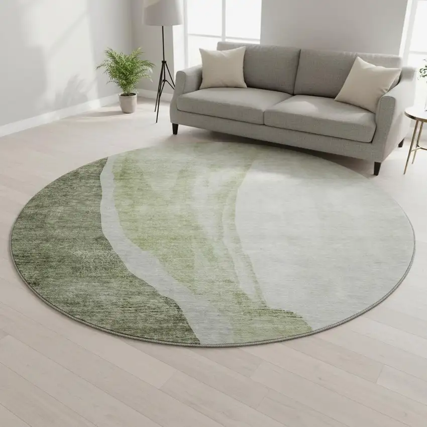 8' Olive Green And Ivory Abstract Washable Round Rug With UV Protection Photo 2