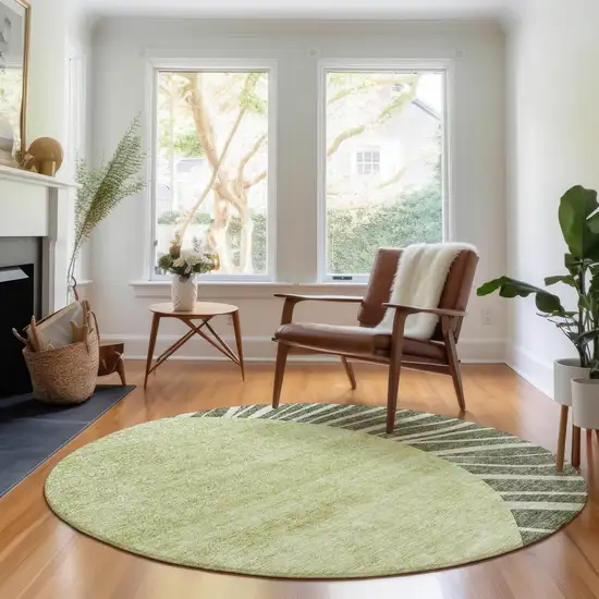 8' Olive Green And Ivory Abstract Washable Round Rug With UV Protection Photo 5