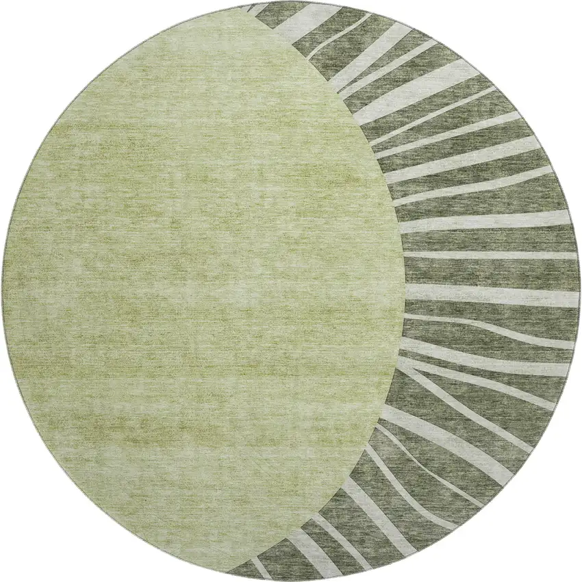8' Olive Green And Ivory Abstract Washable Round Rug With UV Protection Photo 1