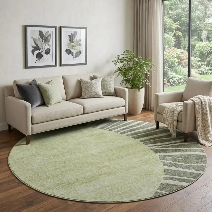 8' Olive Green And Ivory Abstract Washable Round Rug With UV Protection Photo 1