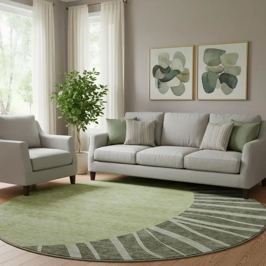 8' Olive Green And Ivory Abstract Washable Round Rug With UV Protection Photo 1