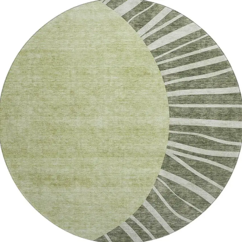 8' Olive Green And Ivory Abstract Washable Round Rug With UV Protection Photo 4
