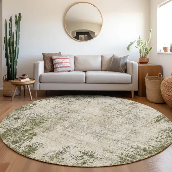 8' Olive Green And Ivory Abstract Washable Round Rug With UV Protection Photo 4
