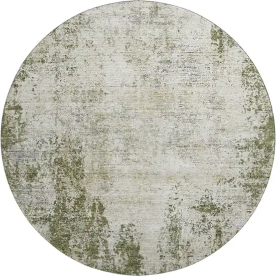 8' Olive Green And Ivory Abstract Washable Round Rug With UV Protection Photo 1