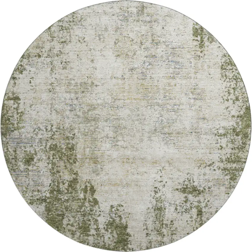 8' Olive Green And Ivory Abstract Washable Round Rug With UV Protection Photo 1