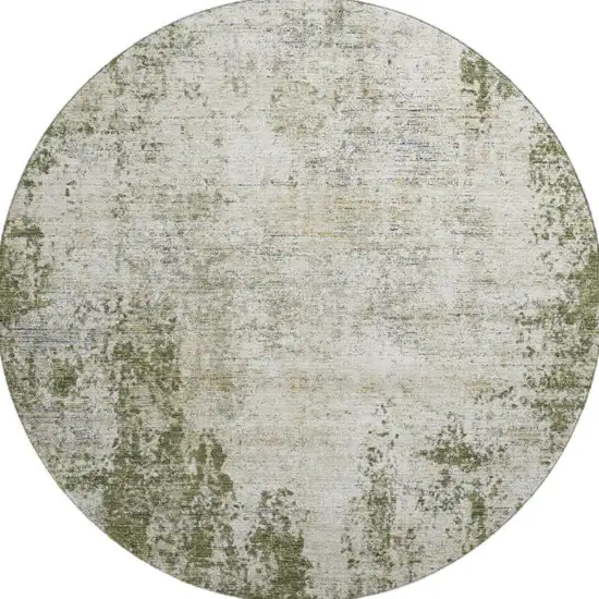 8' Olive Green And Ivory Abstract Washable Round Rug With UV Protection Photo 3