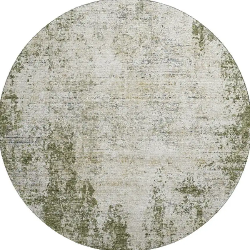 8' Olive Green And Ivory Abstract Washable Round Rug With UV Protection Photo 3