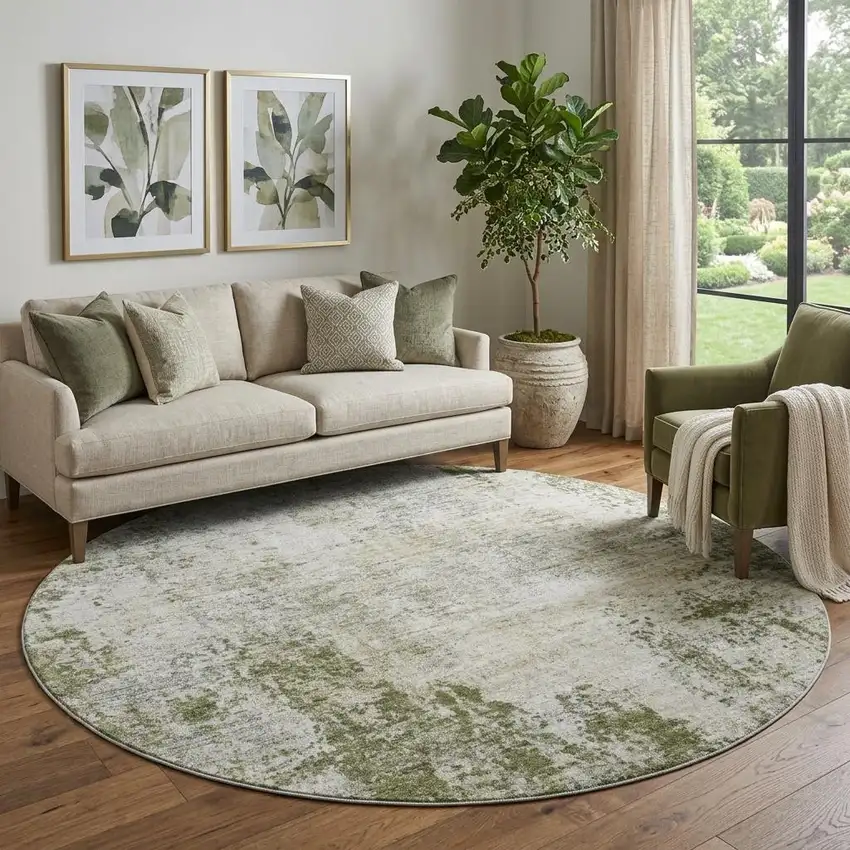 8' Olive Green And Ivory Abstract Washable Round Rug With UV Protection Photo 1