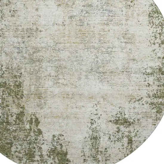 8' Olive Green And Ivory Abstract Washable Round Rug With UV Protection Photo 2