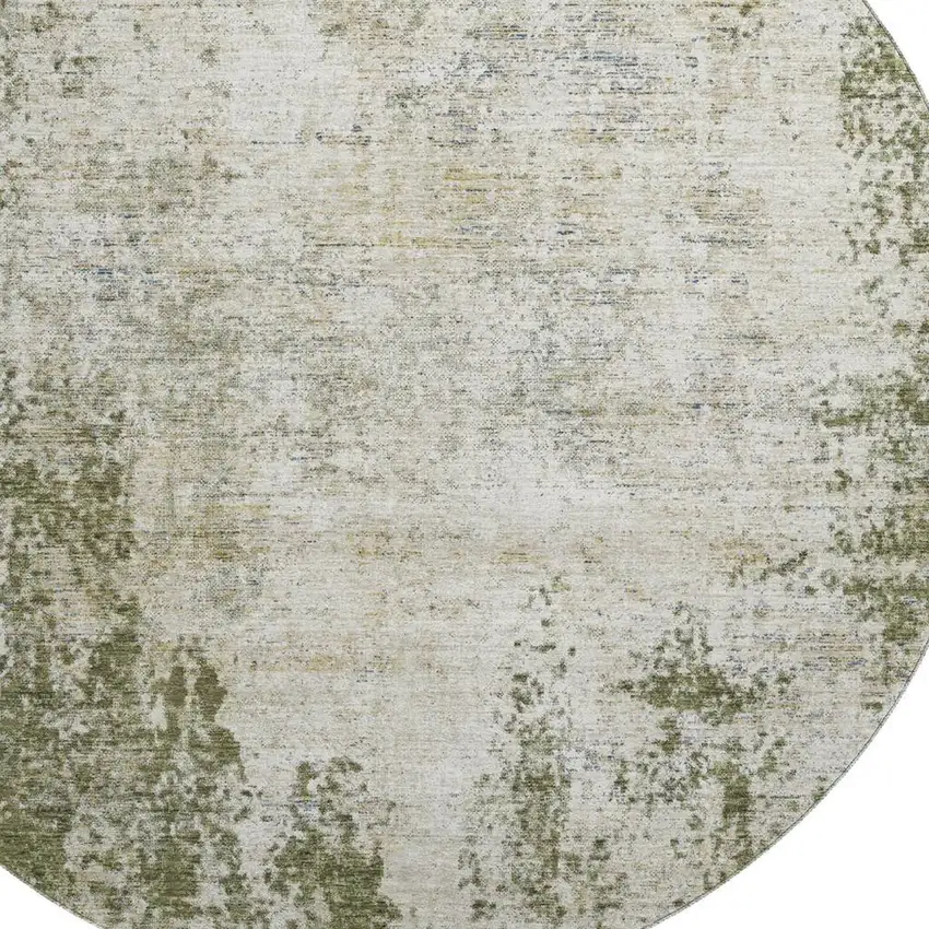 8' Olive Green And Ivory Abstract Washable Round Rug With UV Protection Photo 2